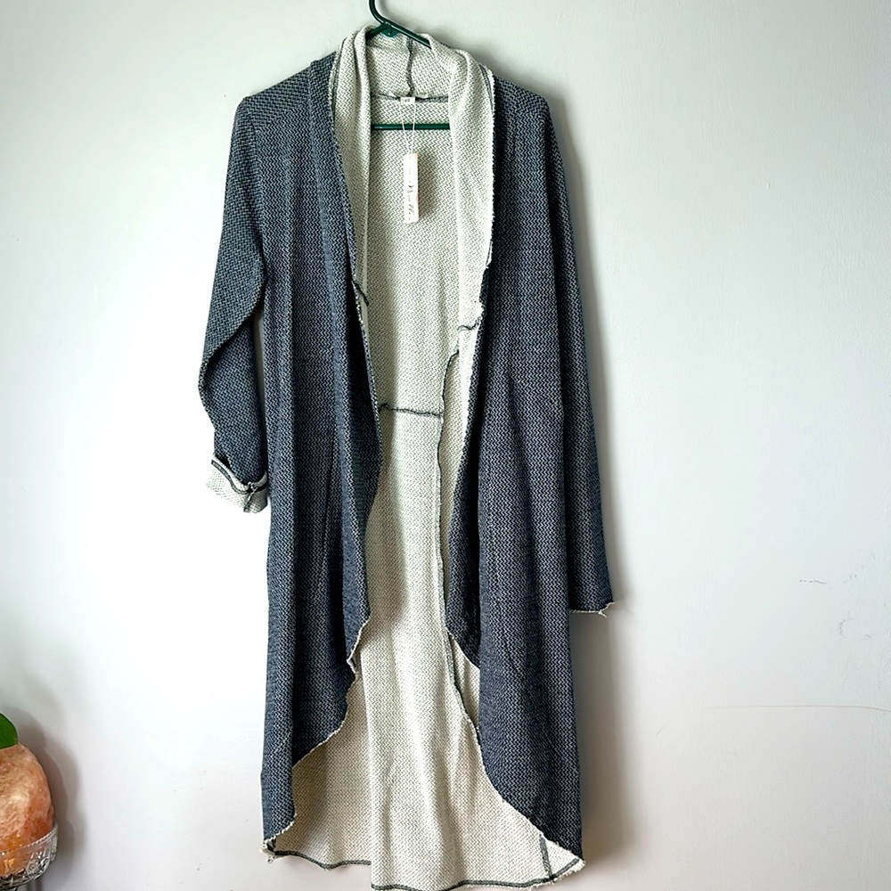 Open Front Cardigan Long Knit Jacket Pockets Navy 100% Cotton NWT